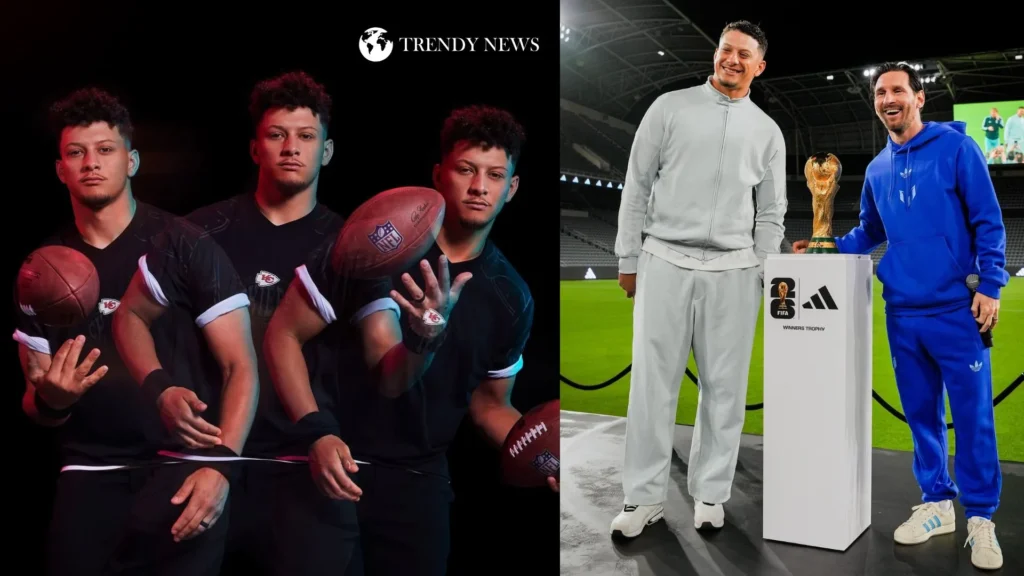 Patrick Mahomes and Lionel Messi together on stage holding an award