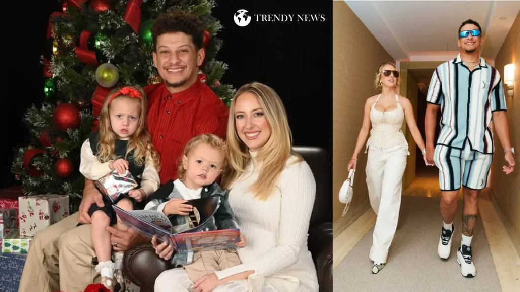Patrick Mahomes smiling with his wife Brittany and their two kids at a family event